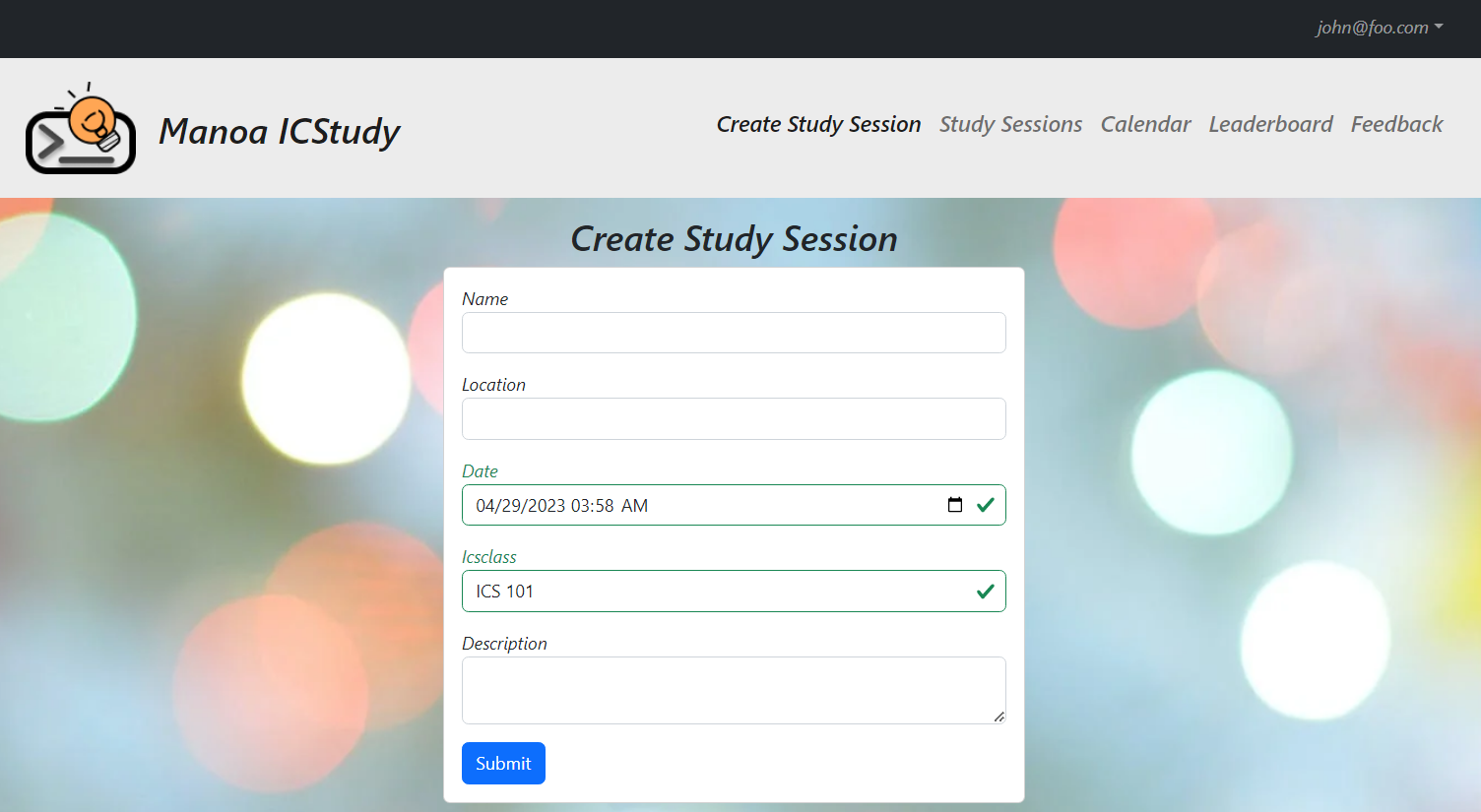 Create Study Session Page